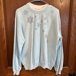 Light Blue Embellished Snowflake Sweatshirt Cozy Winter Holiday Crewneck Top Med